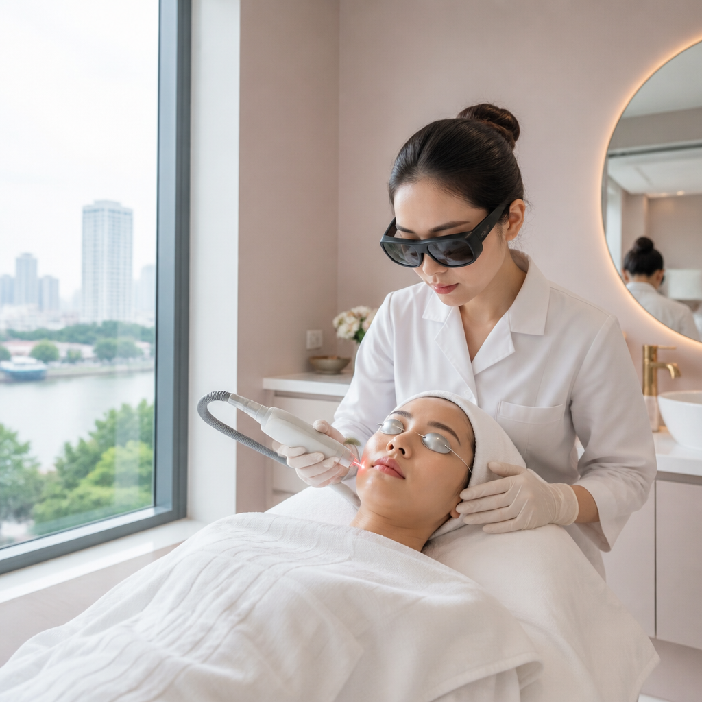 Khách hàng đang được điều trị mụn bằng laser tại phòng khám da liễu