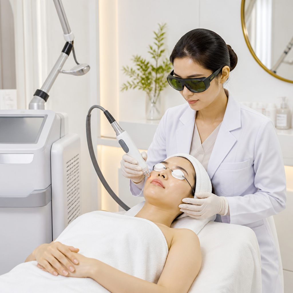 Khách hàng đang trải nghiệm liệu trình trẻ hóa da bằng công nghệ laser