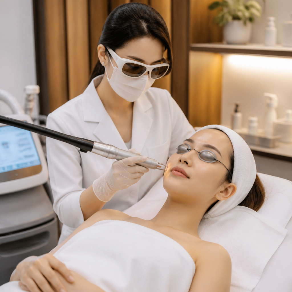 Hình ảnh một người đang được điều trị laser thẩm mỹ với các biện pháp giảm đau, minh họa sự an toàn điều trị da liễu và quy trình điều trị da công nghệ cao.