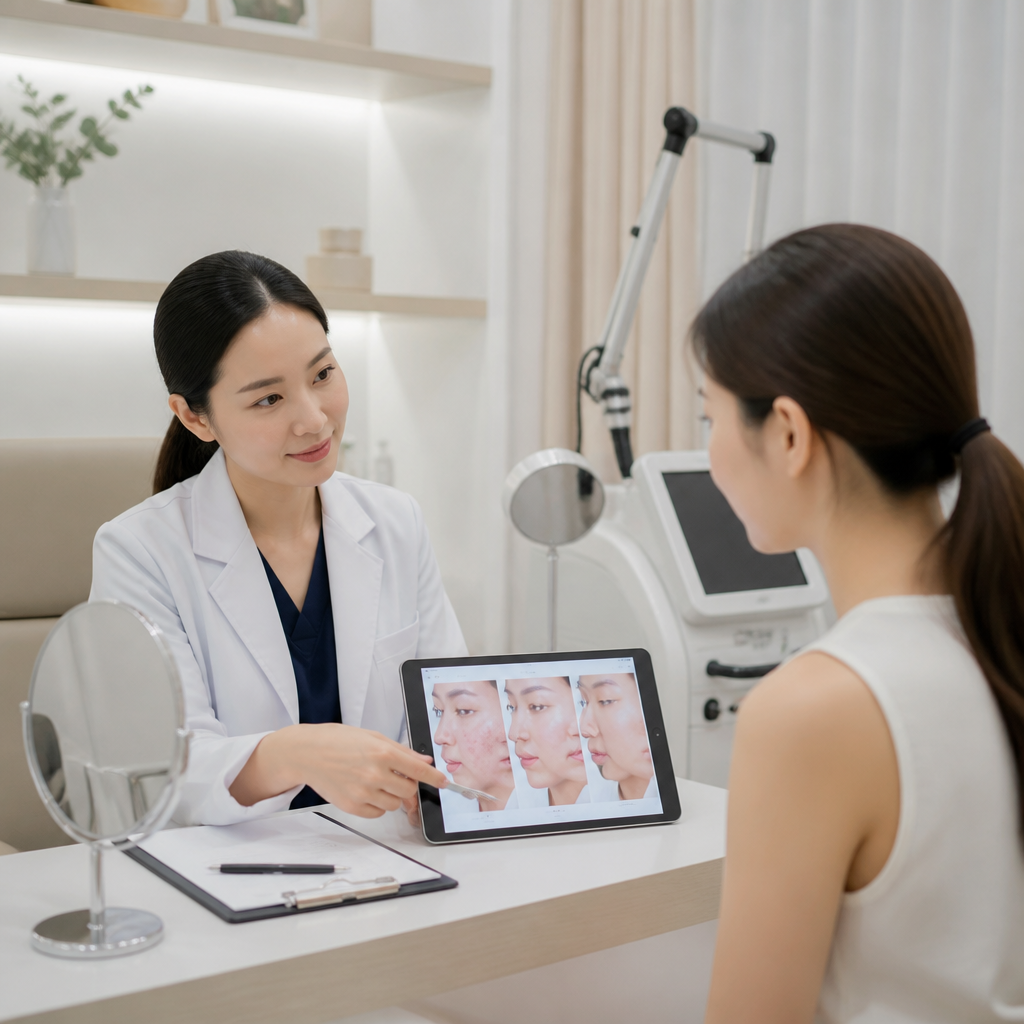 Hình ảnh một chuyên gia da liễu đang tư vấn cho khách hàng về quy trình điều trị da bằng công nghệ cao tại Derma Laser Clinics.