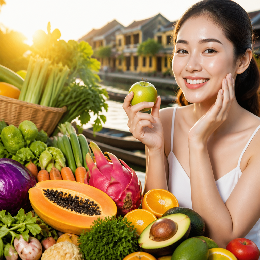 Rau xanh đậm và trái cây nhiều màu sắc tươi ngon, giàu chất chống lão hóa da và dinh dưỡng cho làn da trẻ đẹp