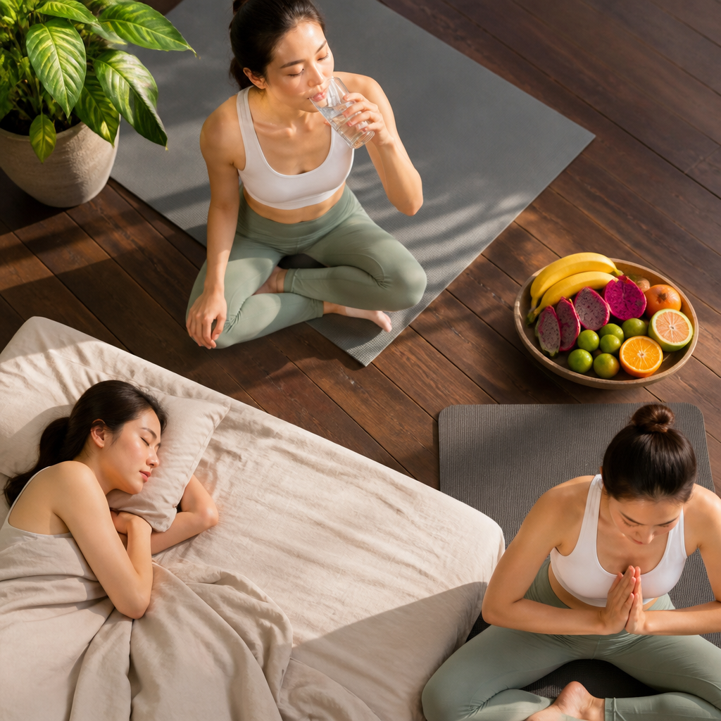 Người phụ nữ uống nước, ngủ đủ giấc, tập yoga và thiền định để quản lý stress, tạo lối sống khỏe mạnh cho da