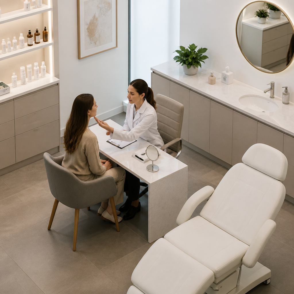 Bác sĩ da liễu đang thăm khám da cho khách hàng