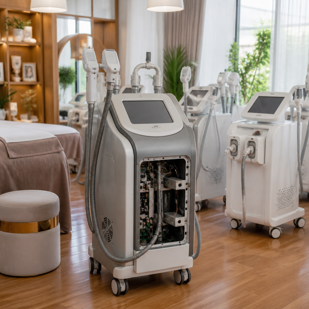 Một chiếc máy laser thẩm mỹ cũ kỹ đang bị hư hỏng và bụi bám
