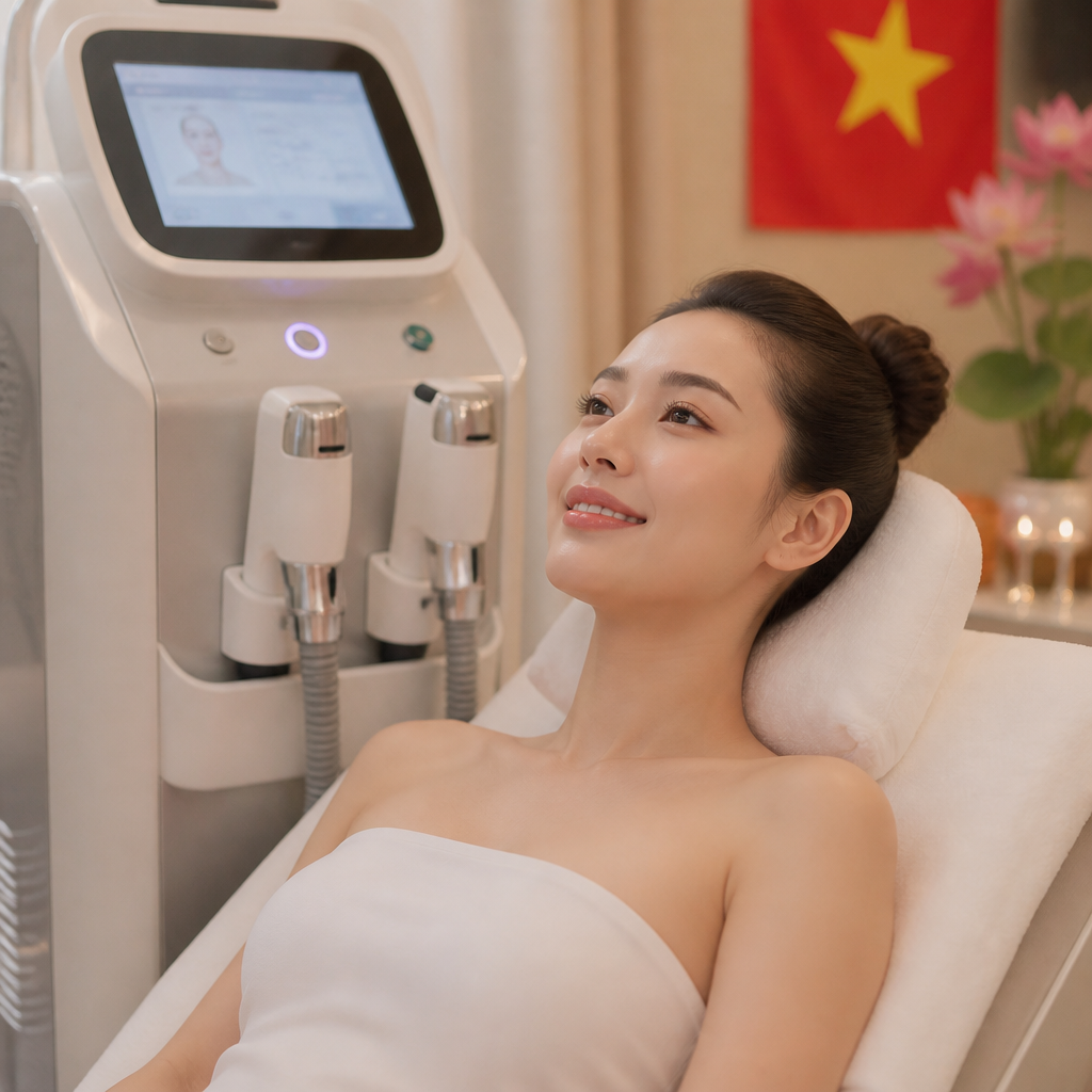 Một khách hàng nữ trẻ trung đang mỉm cười hài lòng sau liệu trình thẩm mỹ da với máy móc hiện đại