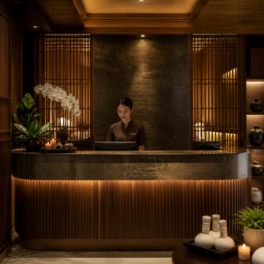 Một quầy lễ tân spa sang trọng với nhân viên đang tư vấn cho khách hàng, thể hiện sự chuyên nghiệp và thành công