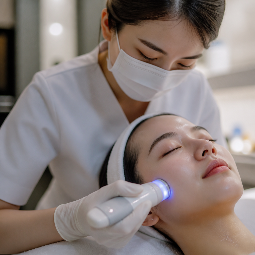 Một chuyên gia da liễu đang tư vấn cho khách hàng trong không gian phòng khám hiện đại và sang trọng, với các thiết bị công nghệ cao