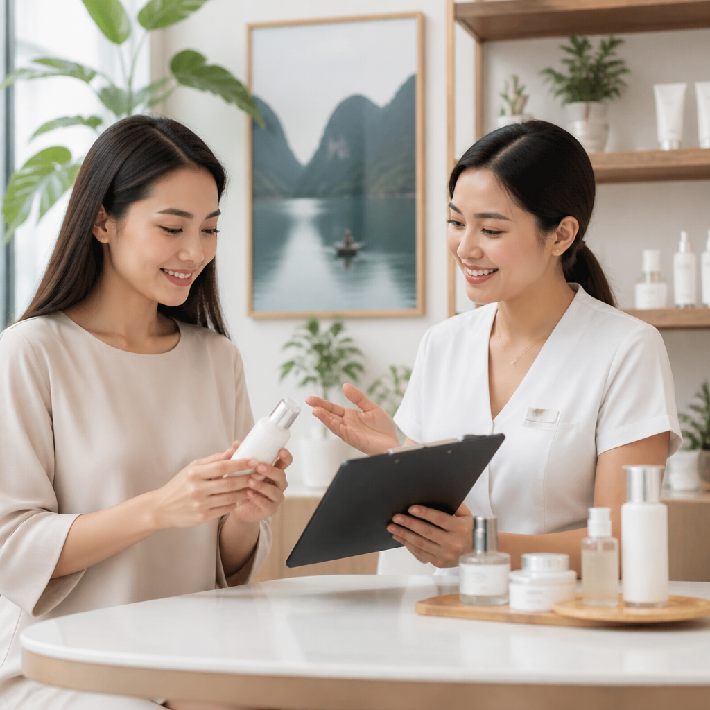 Một người phụ nữ đang xem xét các lựa chọn chăm sóc da và chi phí, thể hiện việc lập kế hoạch tài chính thông minh.