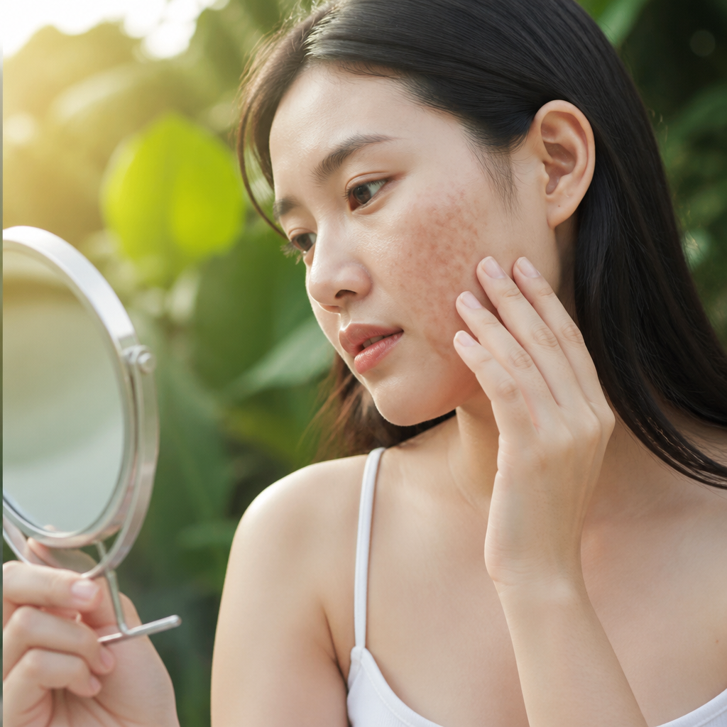 Gương mặt với các vết tổn thương da do điều trị tại cơ sở kém uy tín, nhấn mạnh rủi ro.