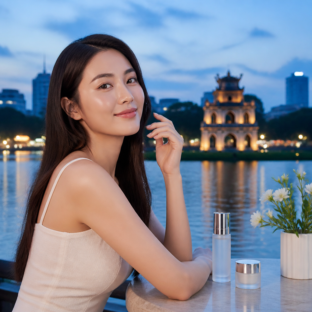 Một phụ nữ với làn da khỏe mạnh, rạng rỡ, tượng trưng cho kết quả của kế hoạch tài chính và chăm sóc da thông minh.