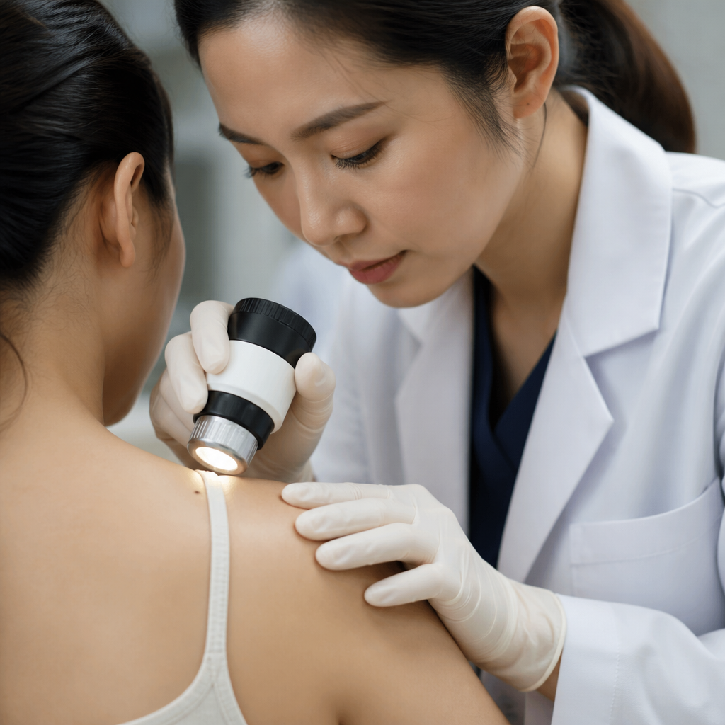 Chuyên gia da liễu đang sử dụng thiết bị phân tích da chuyên sâu cho khách hàng tại một dermalaser clinics