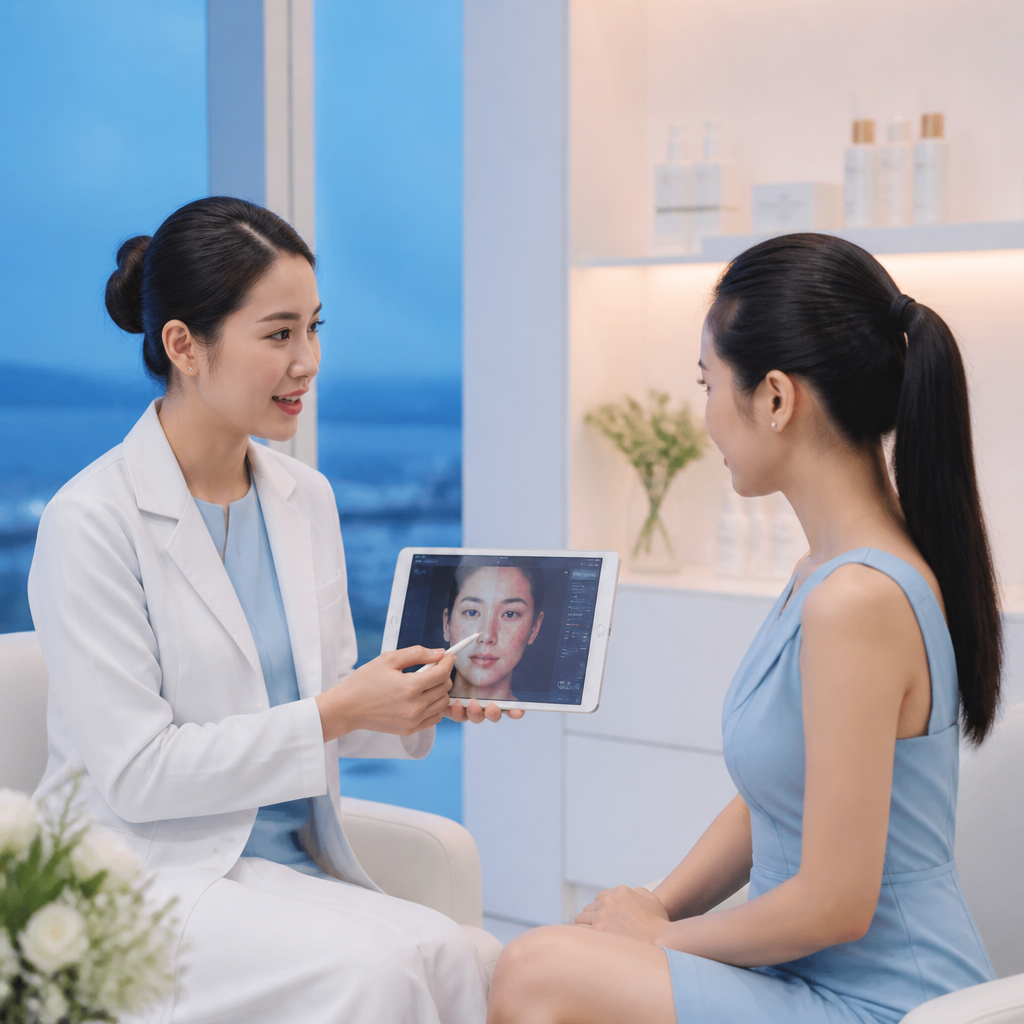Bác sĩ da liễu đang giải thích phác đồ điều trị cá nhân hóa cho khách hàng tại một phòng khám da liễu