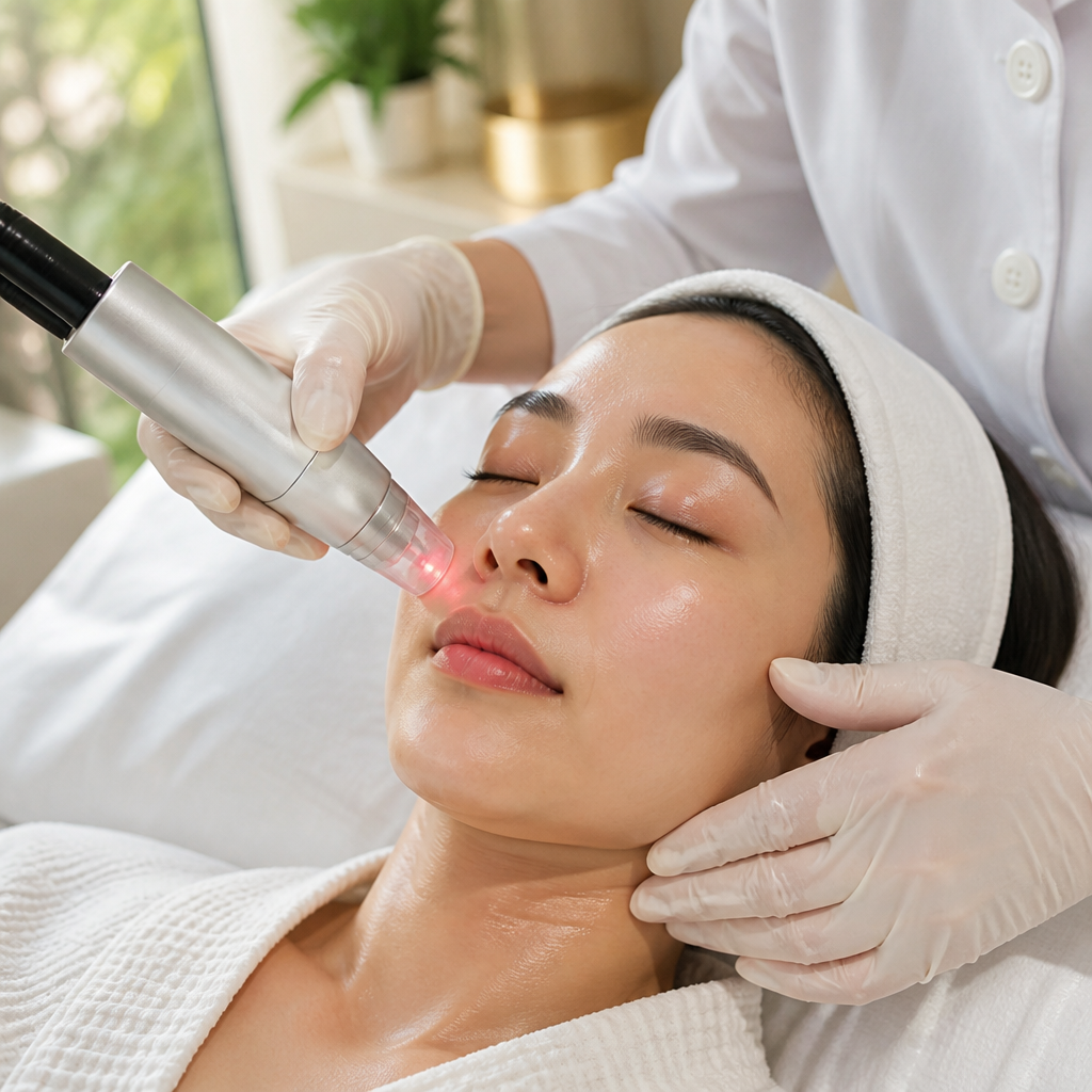 Khách hàng đang được điều trị da bằng công nghệ laser tiên tiến tại một clinic da liễu