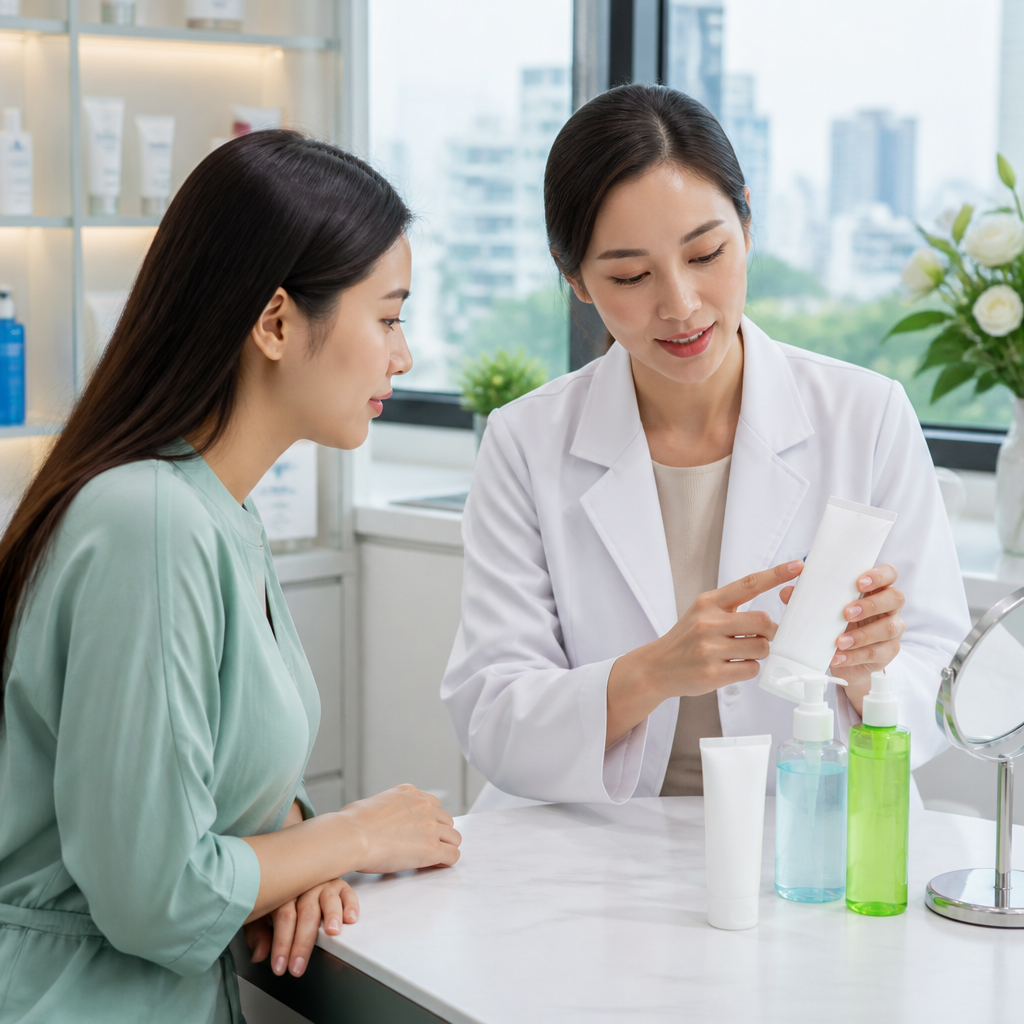 Chuyên gia da liễu đang hướng dẫn bệnh nhân về quy trình chăm sóc da tại nhà sau điều trị