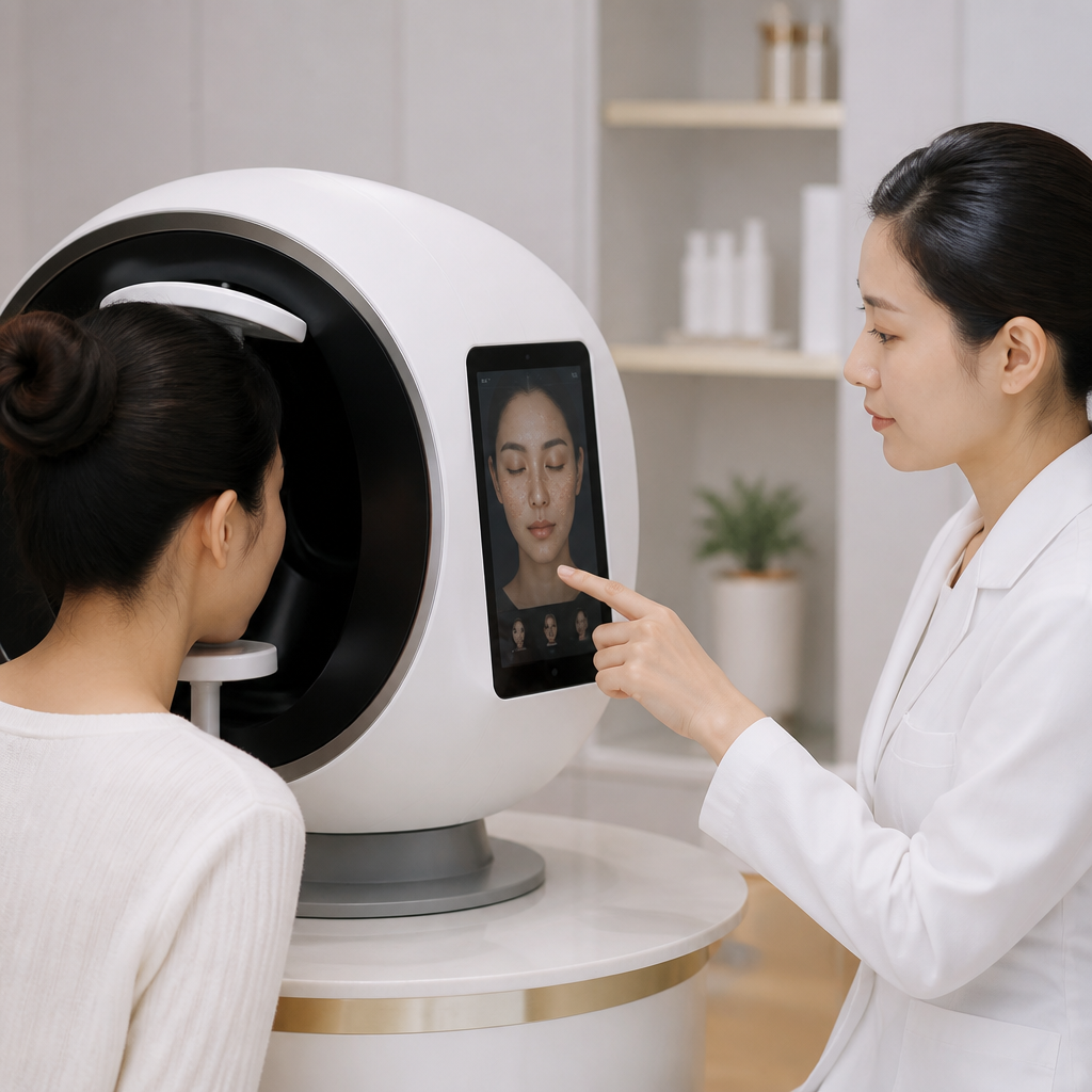 Thiết bị phân tích da công nghệ cao đang quét khuôn mặt khách hàng