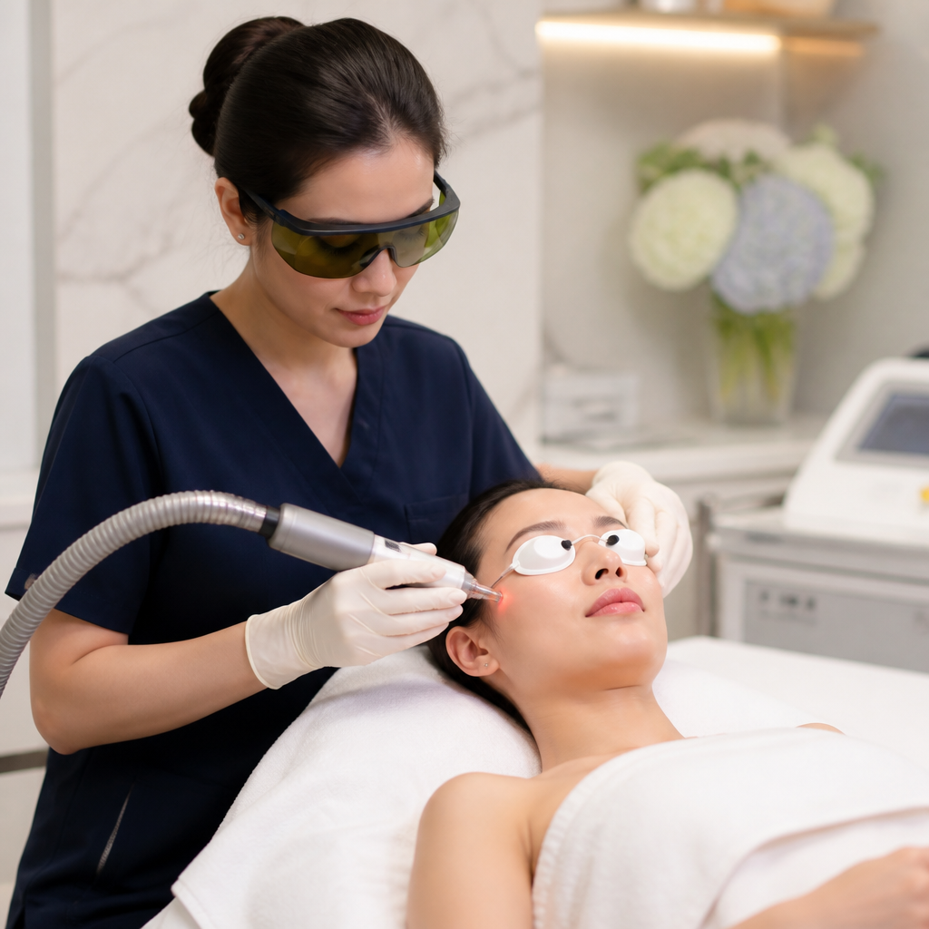 Khách hàng đang được điều trị da bằng công nghệ laser tại phòng khám