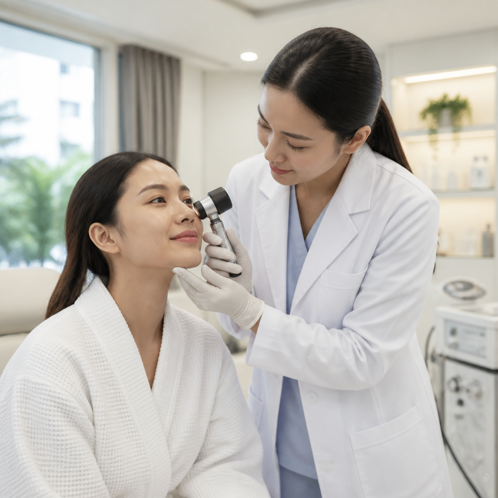 Chuyên gia da liễu đang kiểm tra tình trạng da của khách hàng trong buổi tái khám
