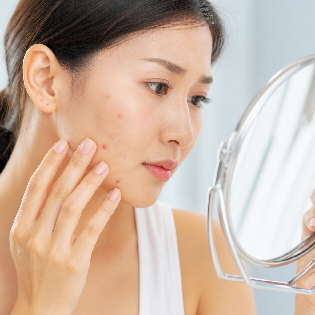 Người phụ nữ đang kiểm tra loại da của mình qua gương, một bước quan trọng trong Hướng Dẫn Tối Ưu Quy Trình Chăm Sóc Da Tại Nhà.