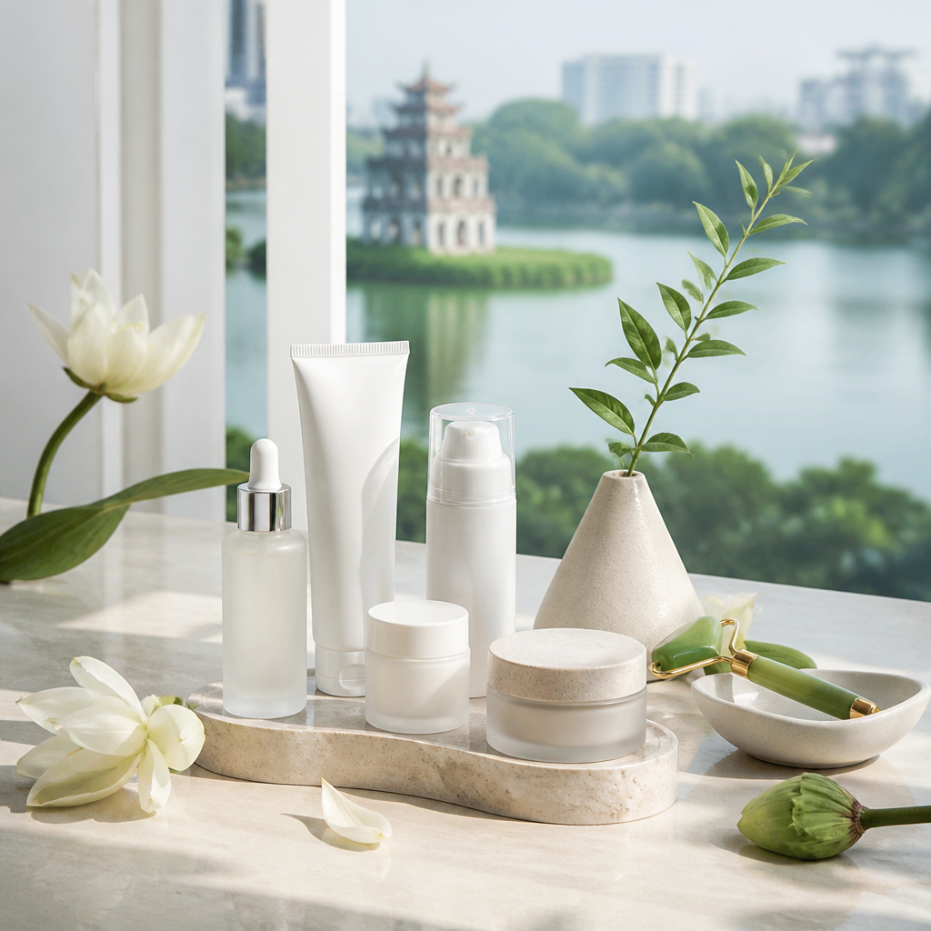 Các sản phẩm chăm sóc da được sắp xếp cho quy trình buổi sáng, một phần quan trọng của Hướng Dẫn Tối Ưu Quy Trình Chăm Sóc Da Tại Nhà.