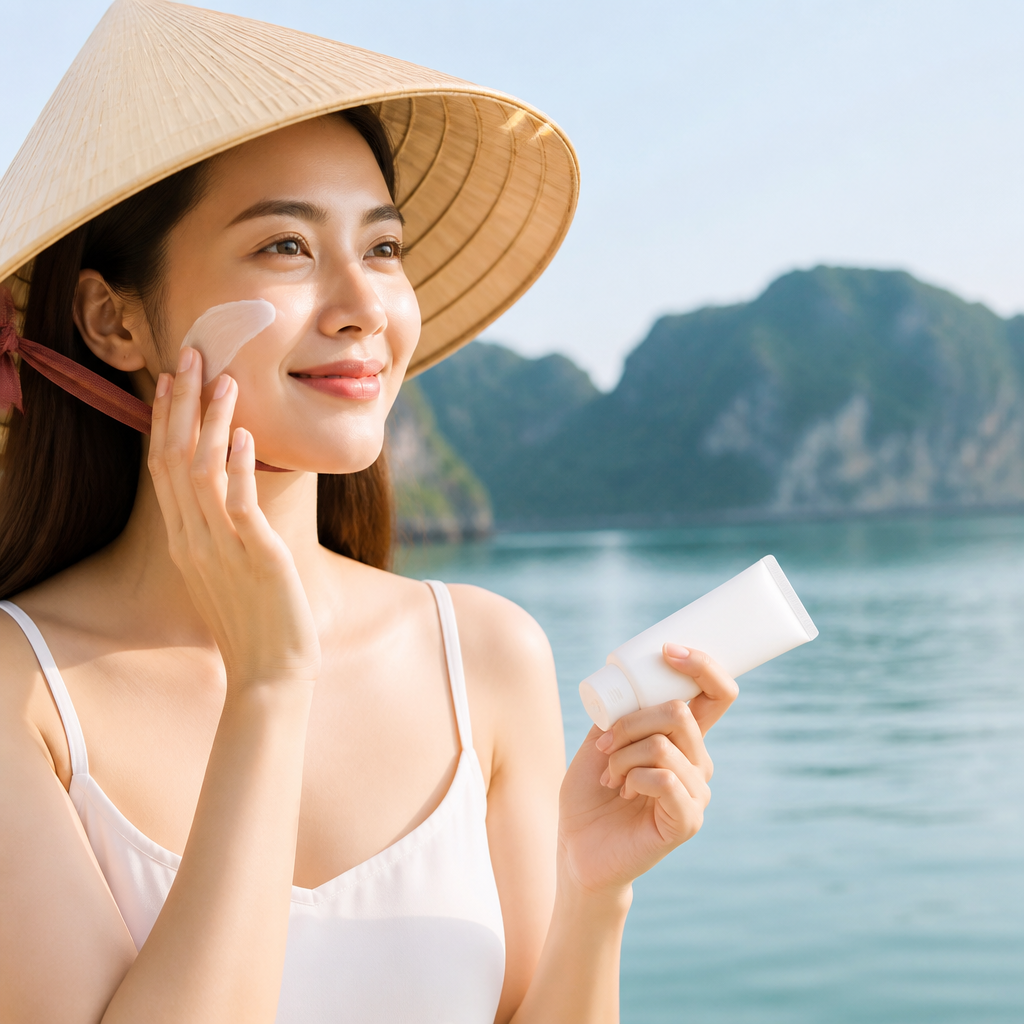 Người phụ nữ đang thoa kem chống nắng khi ở ngoài trời, minh họa tầm quan trọng của việc bảo vệ da sau điều trị laser.