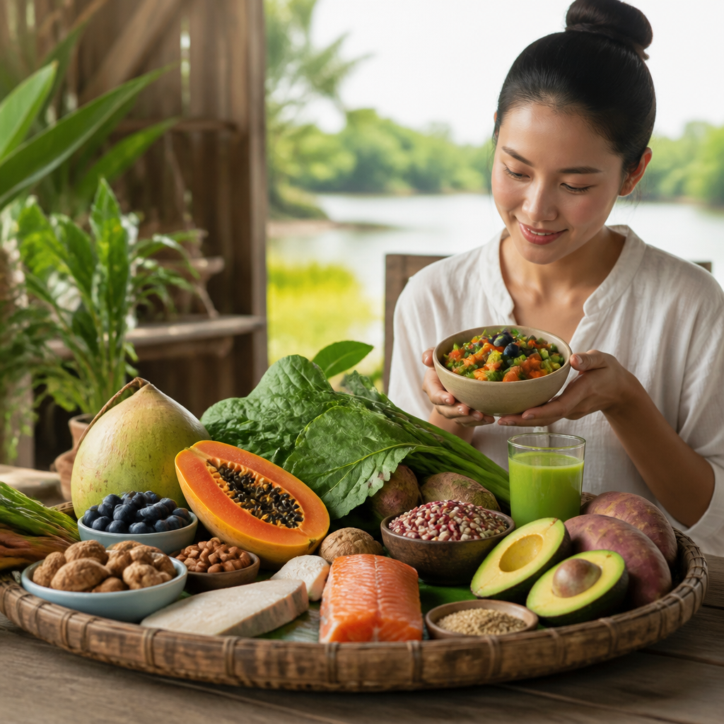 Thực phẩm lành mạnh như rau xanh và hoa quả, góp phần vào Hướng Dẫn Tối Ưu Quy Trình Chăm Sóc Da Tại Nhà và sức khỏe tổng thể.