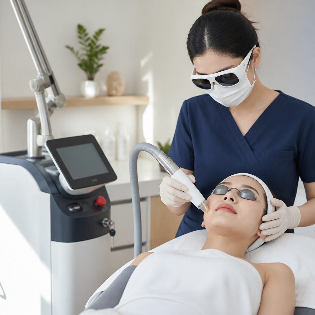 Cơ chế tác động của tia laser lên tế bào da, kích thích sản sinh collagen và elastin mới để trẻ hóa da.