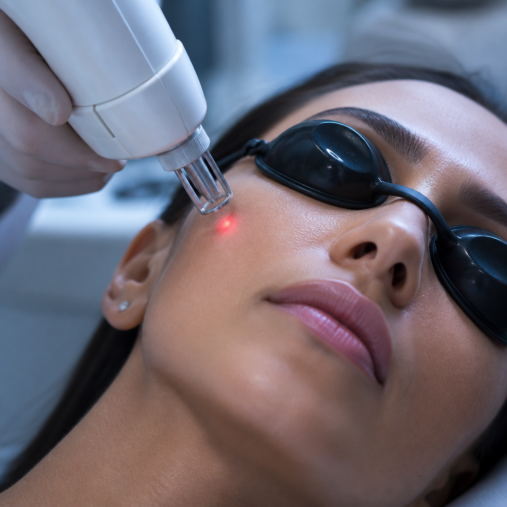 Khách hàng đang trải nghiệm liệu trình laser toning làm sáng da tại phòng khám chuyên nghiệp