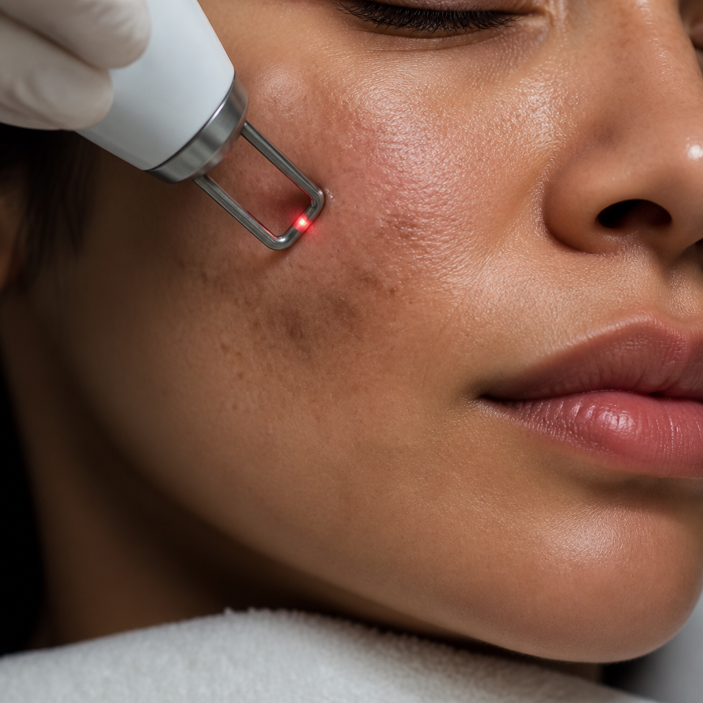 Da mặt trước và sau khi điều trị laser toning để cải thiện sắc tố và lỗ chân lông
