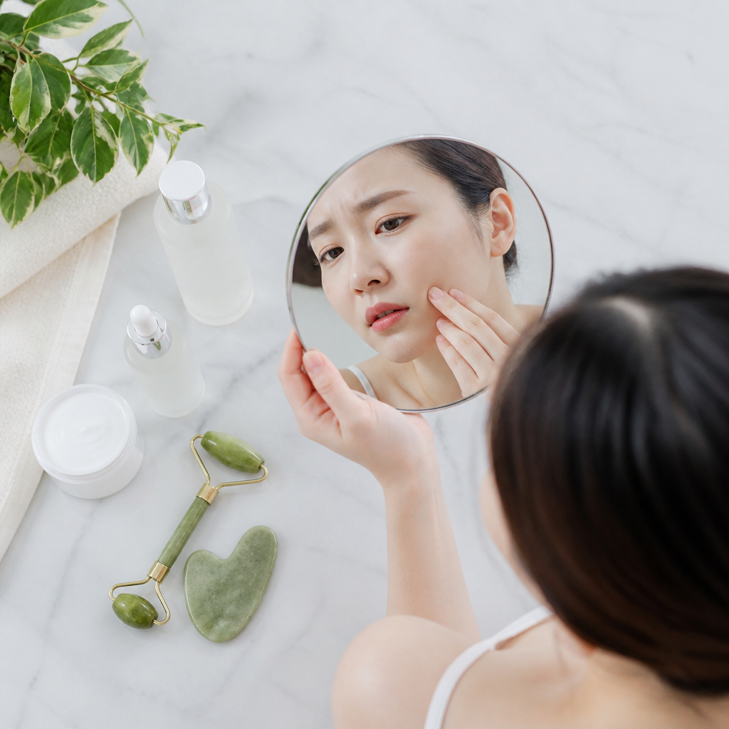 Chị Mai lo lắng nhìn vào gương, khuôn mặt xuất hiện nhiều nốt mụn viêm, vết thâm và sạm nám rõ rệt, thể hiện tình trạng da