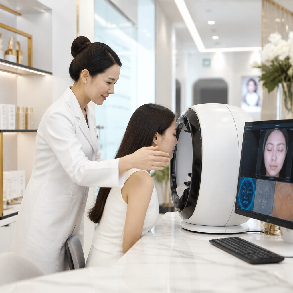 Bác sĩ da liễu đang tận tình thăm khám và sử dụng máy phân tích da chuyên sâu cho chị Mai, đây là bước quan trọng trong quá trình chẩn đoán tại clinic da liễu.