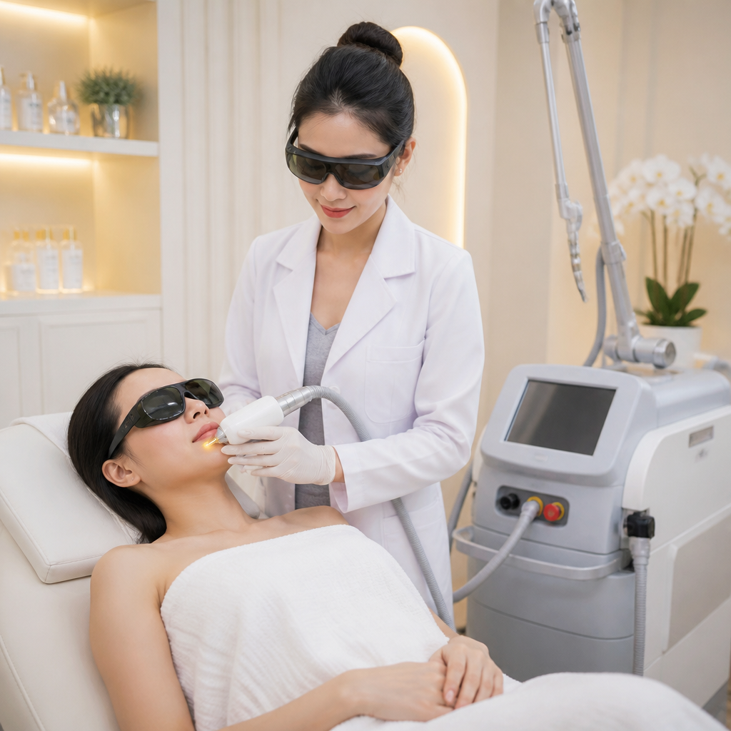 Một thiết bị laser thẩm mỹ hiện đại đang hoạt động trong một phòng khám da liễu, minh chứng cho việc ứng dụng công nghệ cao trong điều trị da.