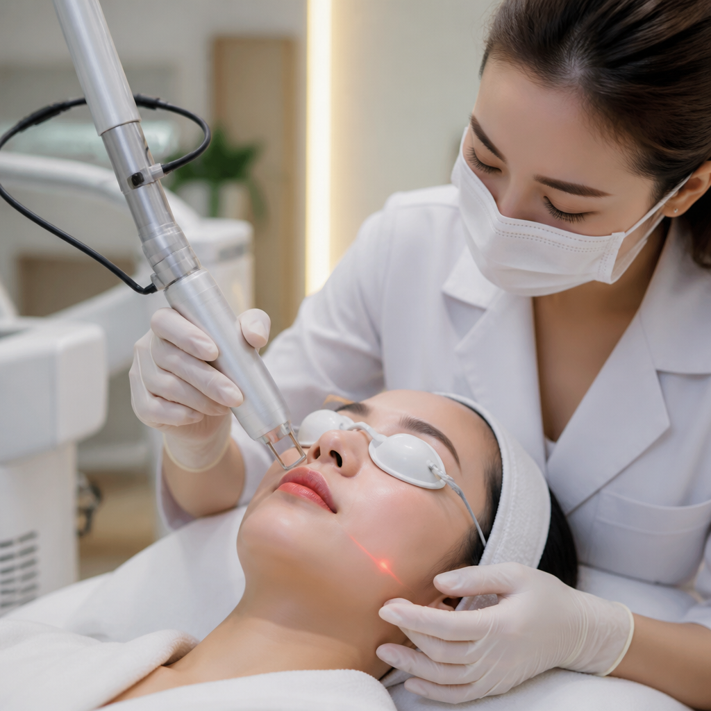 Chuyên gia thực hiện điều trị sẹo rỗ bằng laser CO2 Fractional