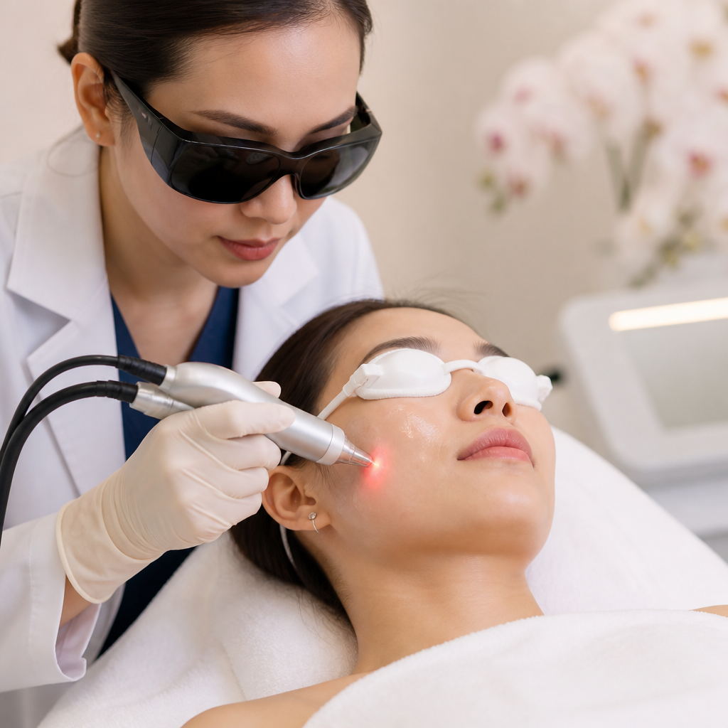 Bác sĩ da liễu đang thực hiện quy trình điều trị trẻ hóa da bằng laser cho khách hàng, sử dụng thiết bị laser tiên tiến trong phòng khám hiện đại