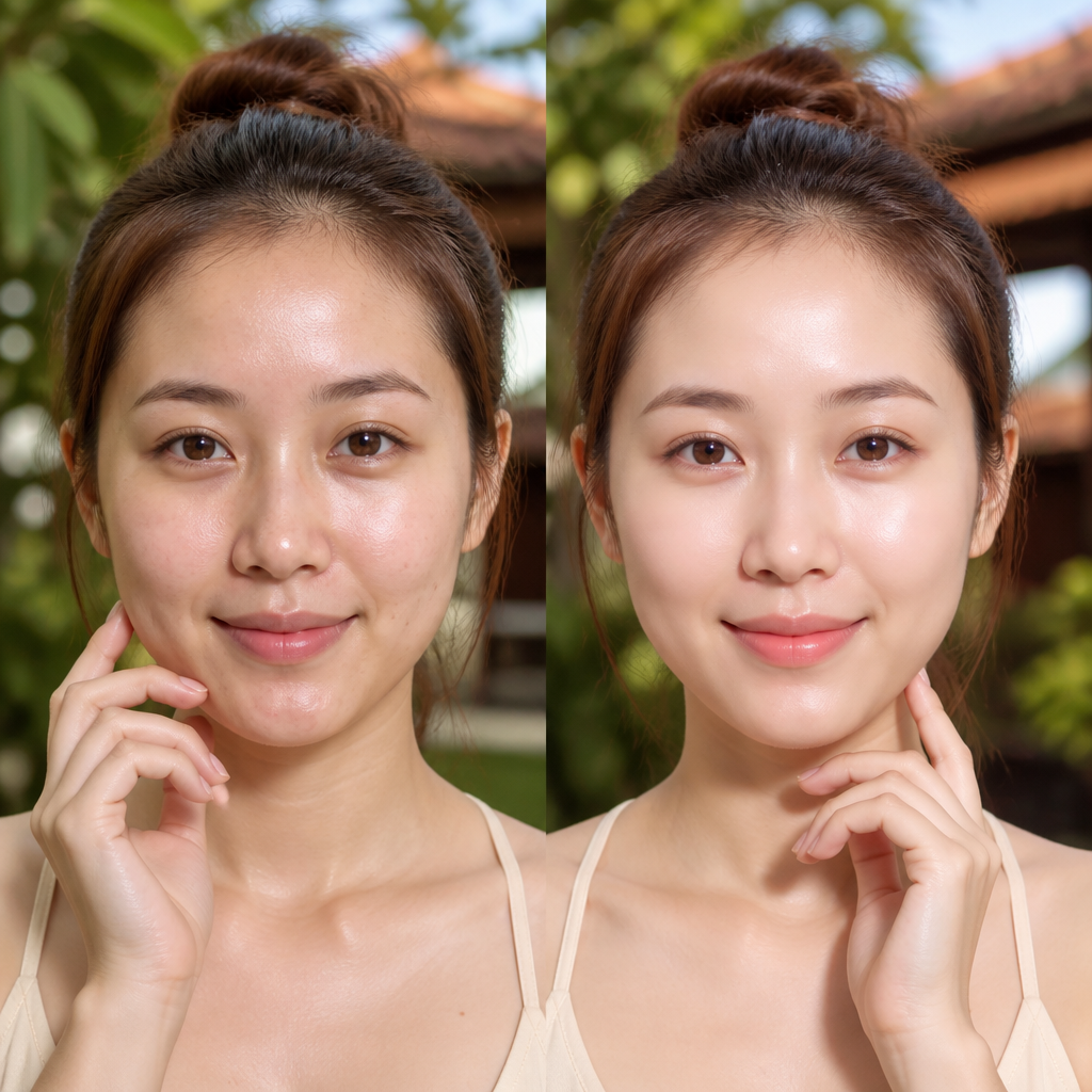 Hình ảnh giả định trước và sau của Thanh Vân, cho thấy sự thay đổi rõ rệt trên làn da sau liệu trình trẻ hóa da tuổi 25, với làn da căng mịn, đều màu và không còn nếp nhăn li ti