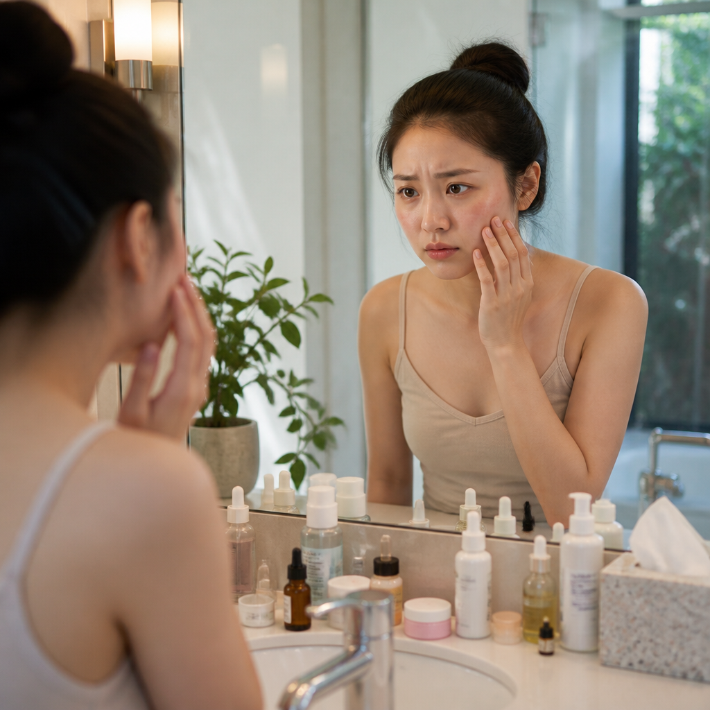 Người phụ nữ tự ý thoa kem không rõ nguồn gốc lên mặt, cho thấy sai lầm trong trị liệu da liễu tại nhà.