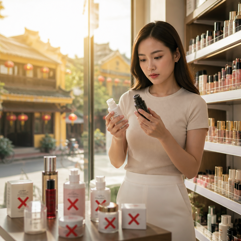 Một cô gái đang xem xét kỹ thành phần của một lọ mỹ phẩm, nhấn mạnh sự cần thiết của việc kiểm tra nguồn gốc sản phẩm.