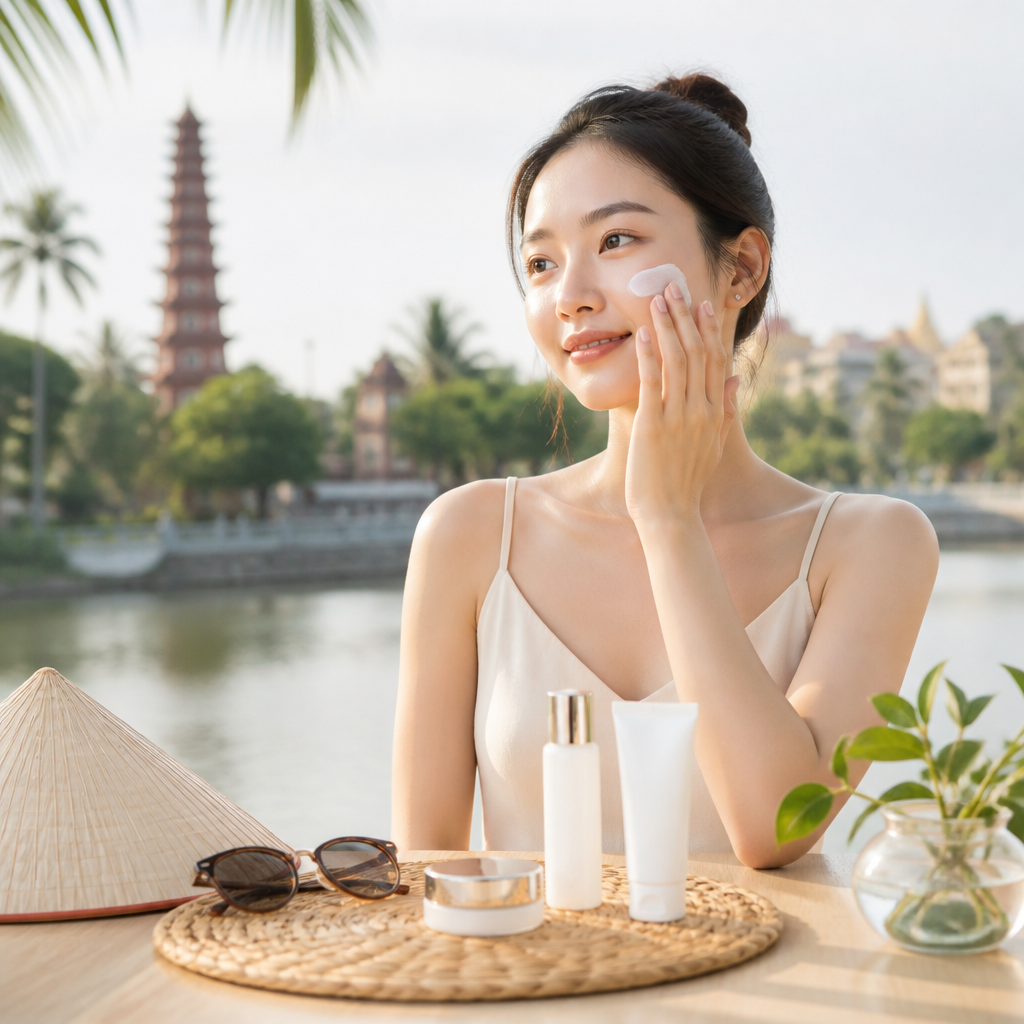 Một cô gái trẻ đang thoa kem chống nắng lên mặt, biểu tượng cho việc bảo vệ da hàng ngày.