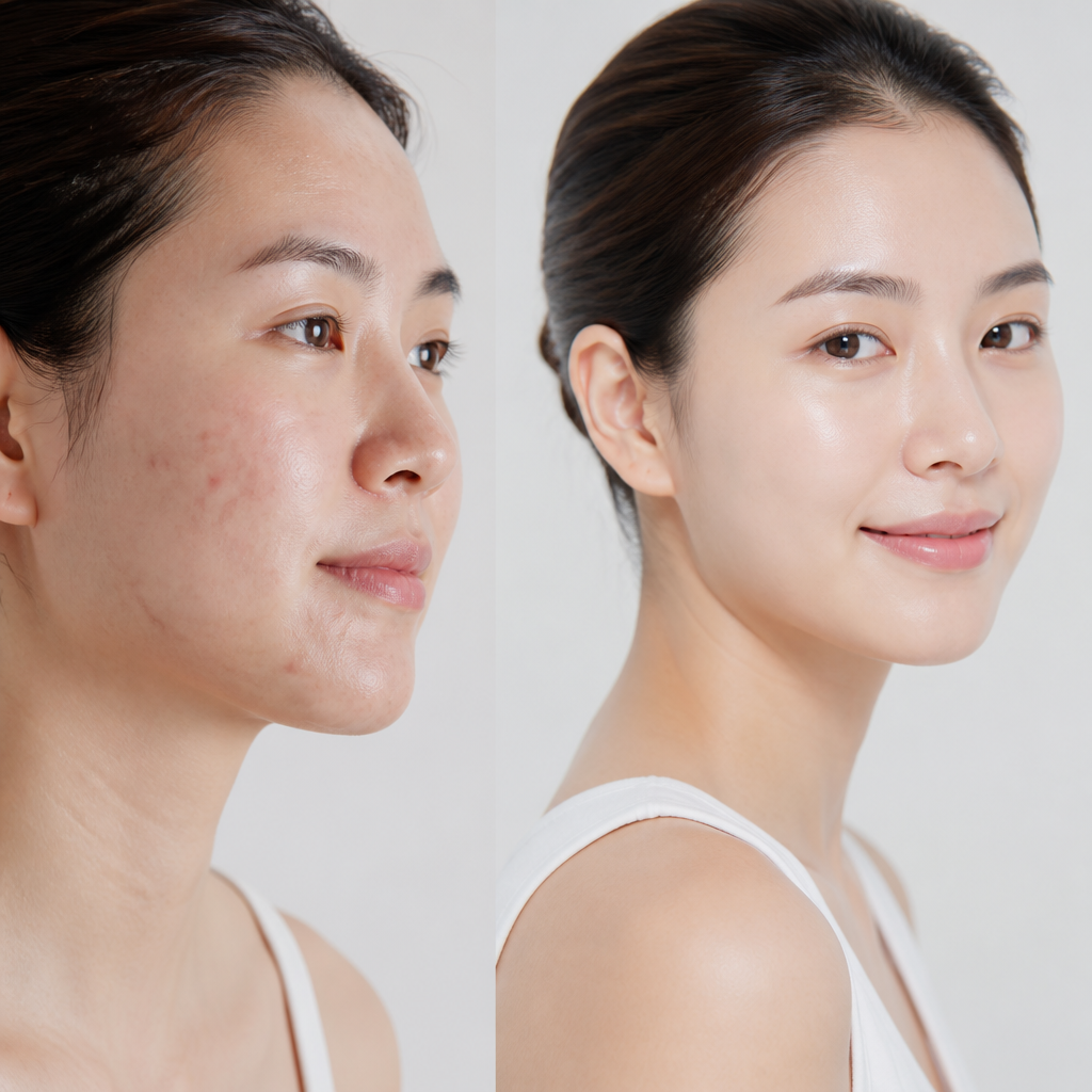 Một người phụ nữ nhẹ nhàng chăm sóc da mặt sau liệu trình, thể hiện sự kiên nhẫn trong quá trình phục hồi.