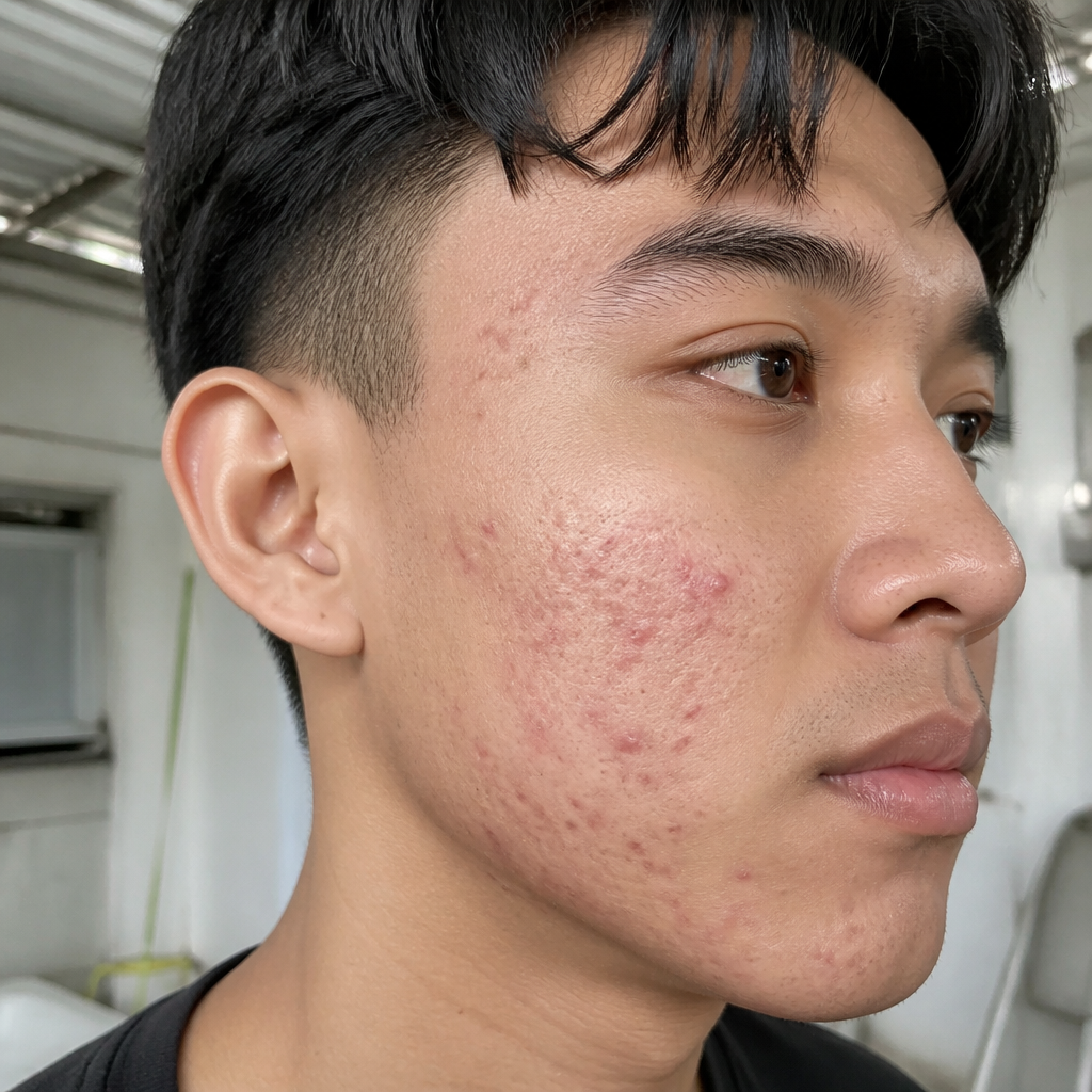 Gương mặt khách hàng trước khi trị mụn dứt điểm laser với nhiều nốt mụn viêm sưng, sẹo thâm và sẹo rỗ.
