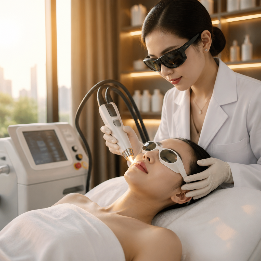 Chuyên gia da liễu đang sử dụng thiết bị laser đa công nghệ để điều trị da mặt