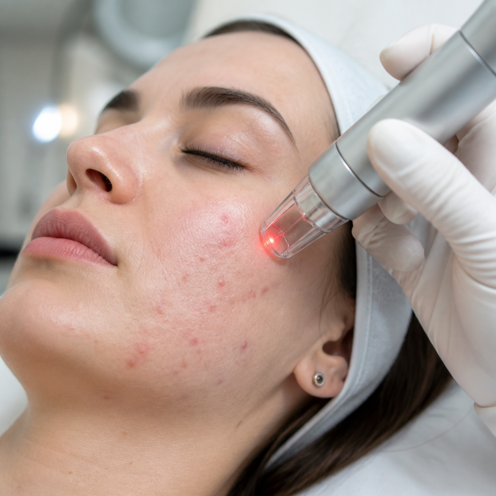 Hình ảnh cận cảnh quy trình trị mụn laser trên làn da đang bị mụn viêm