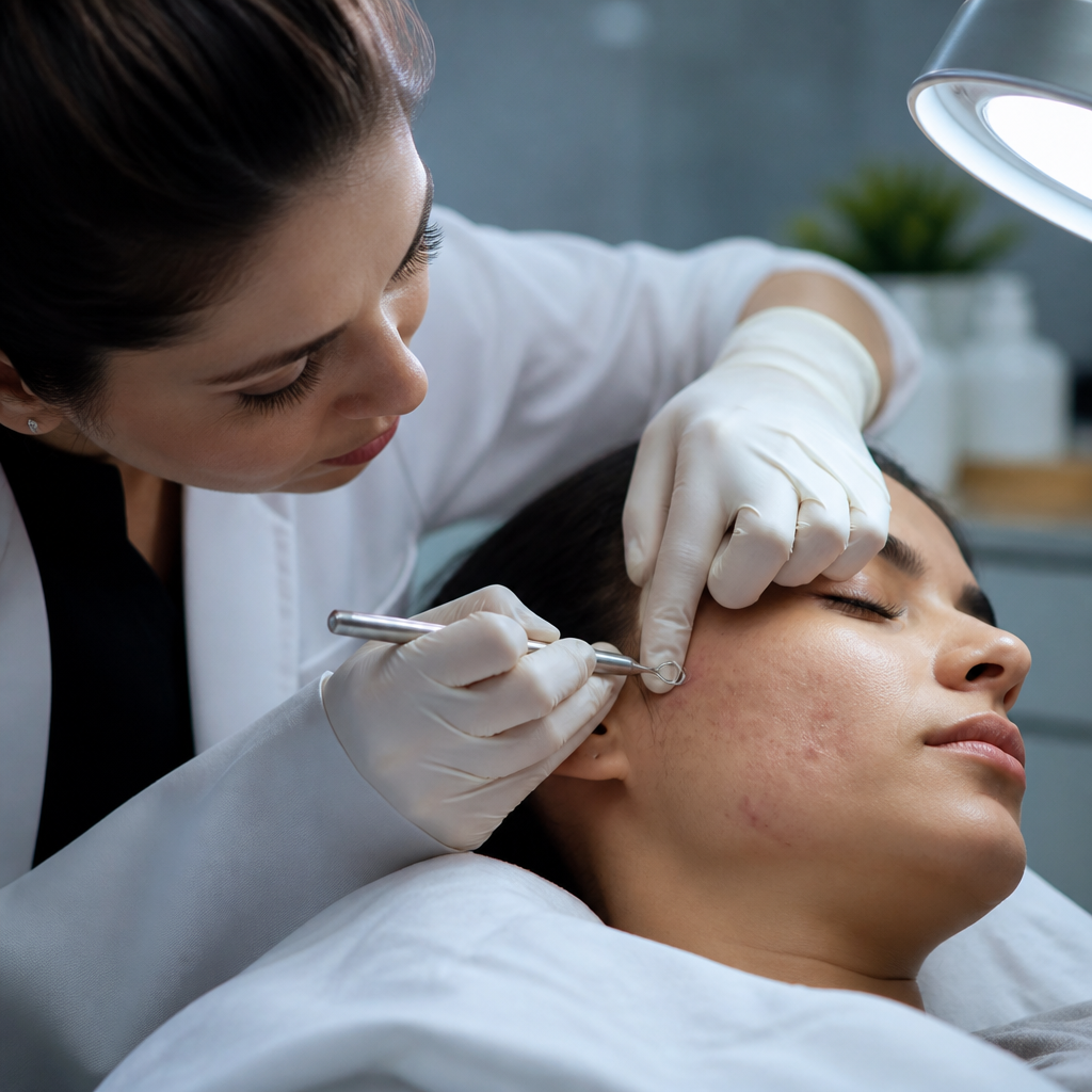 Bác sĩ da liễu đang thực hiện lấy nhân mụn chuẩn y khoa cho bệnh nhân