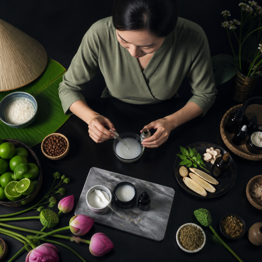 Người phụ nữ đang nghiên cứu các công nghệ chăm sóc da cao cấp trên máy tính bảng