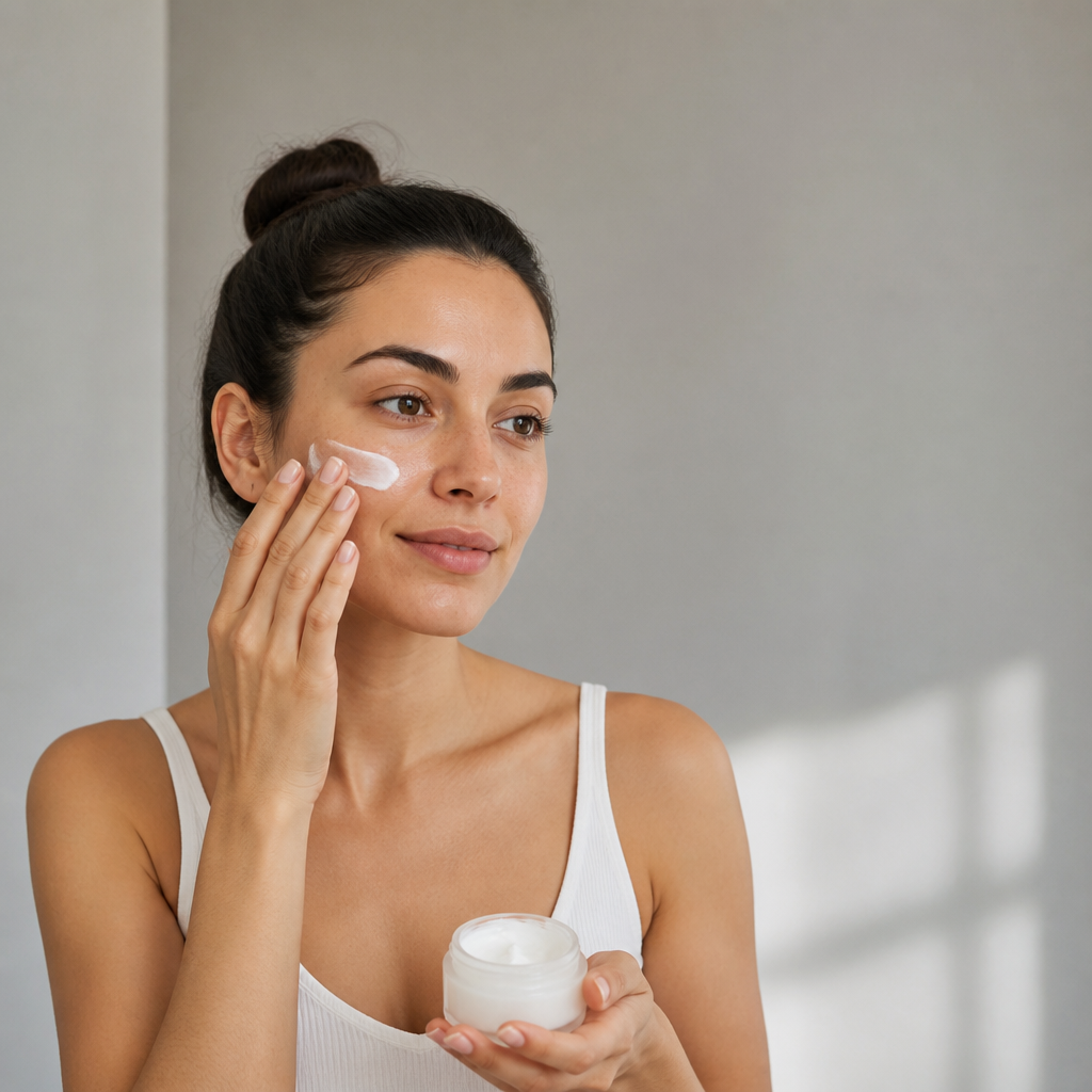 Người phụ nữ đang thực hiện các bước chăm sóc da mặt tại nhà