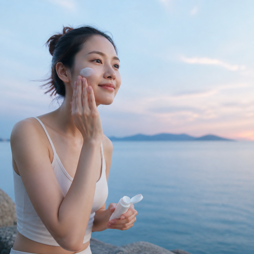 Người phụ nữ thoa kem chống nắng bảo vệ da sau liệu trình laser