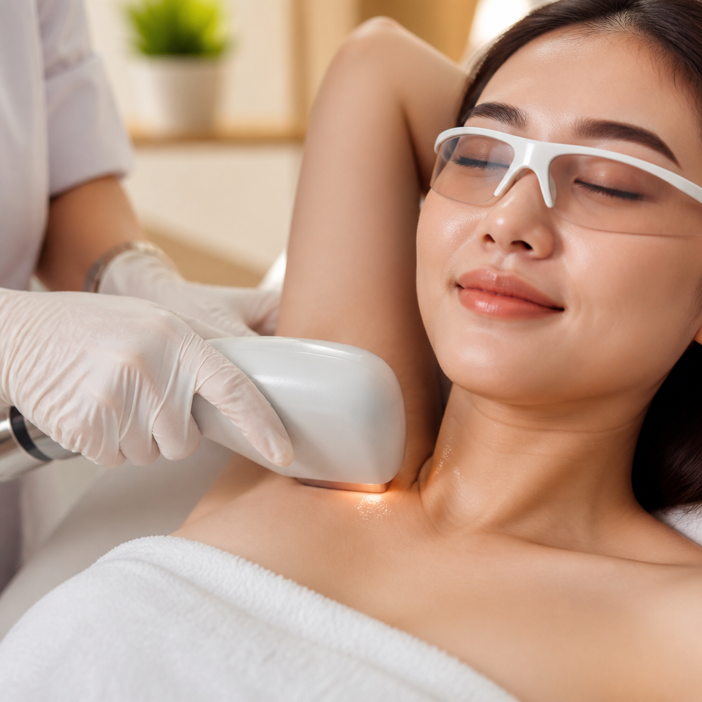 Một phụ nữ đang trải nghiệm triệt lông laser vĩnh viễn faq với thiết bị hiện đại, cho thấy sự thoải mái và không đau