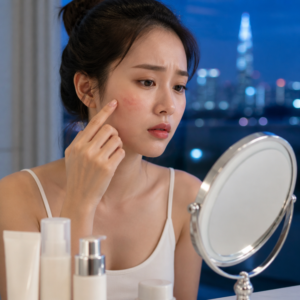 Một phụ nữ trẻ đang nhìn vào gương với vẻ lo lắng, tay chạm nhẹ lên vùng da mặt có dấu hiệu kích ứng, mẩn đỏ.