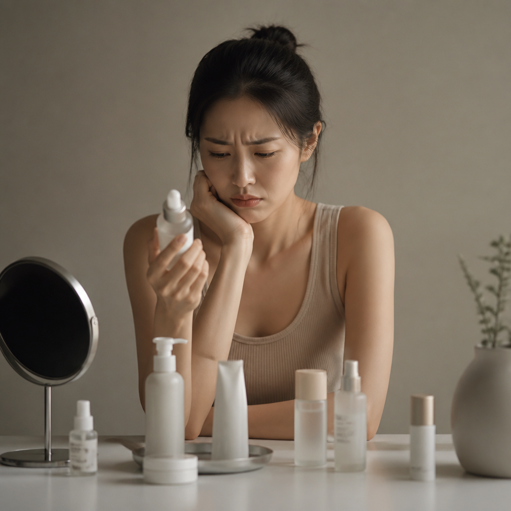 Một phụ nữ trẻ đang ngồi trước bàn trang điểm với vẻ mặt thất vọng, xung quanh là rất nhiều sản phẩm chăm sóc da đã dùng thử nhưng không hiệu quả.