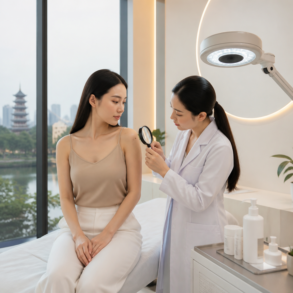 Bác sĩ da liễu đang sử dụng thiết bị chuyên dụng để kiểm tra và phân tích tình trạng da của bệnh nhân trong phòng khám hiện đại.