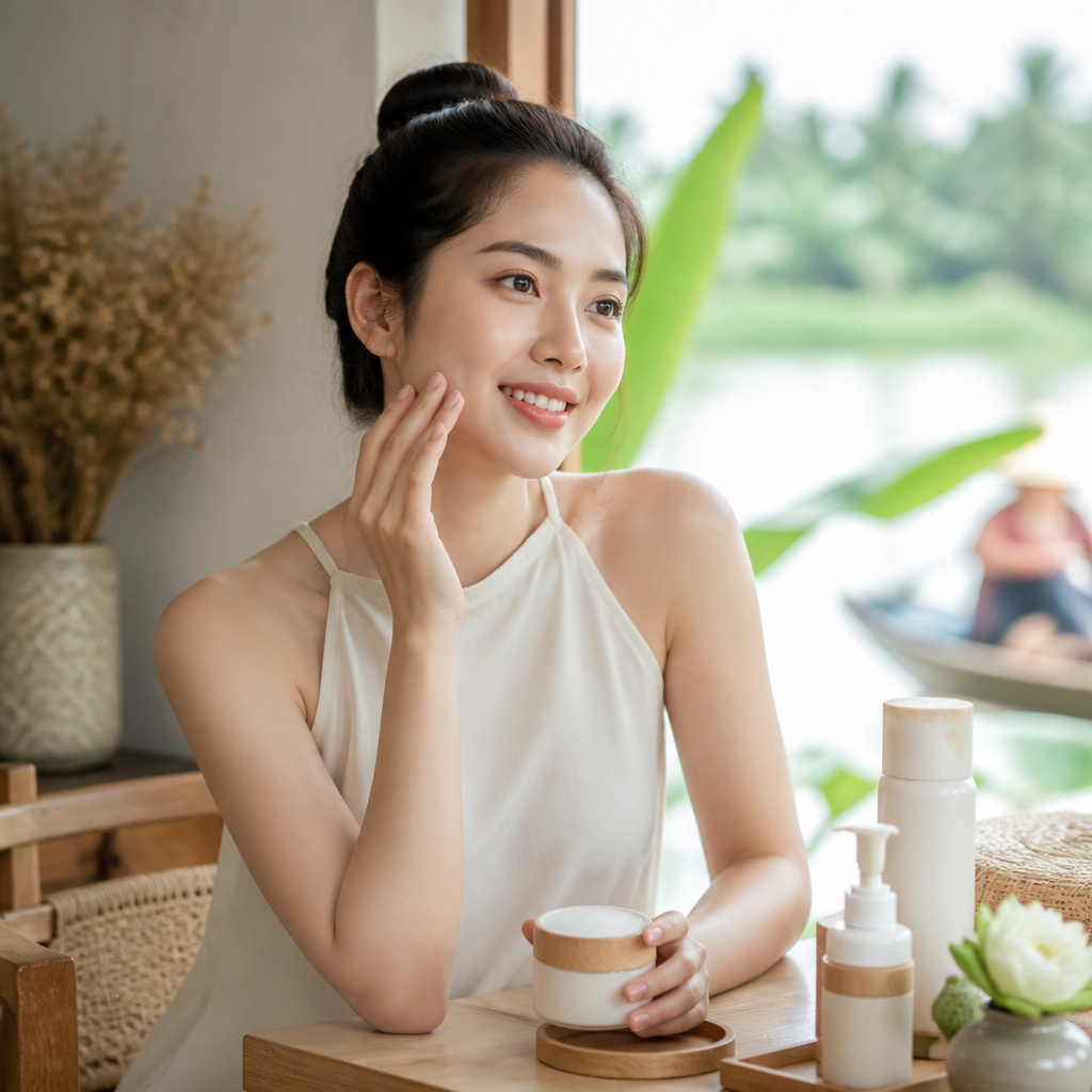 Một phụ nữ trẻ đang mỉm cười rạng rỡ, làn da cô ấy trông mịn màng, khỏe mạnh và không còn dấu hiệu kích ứng.